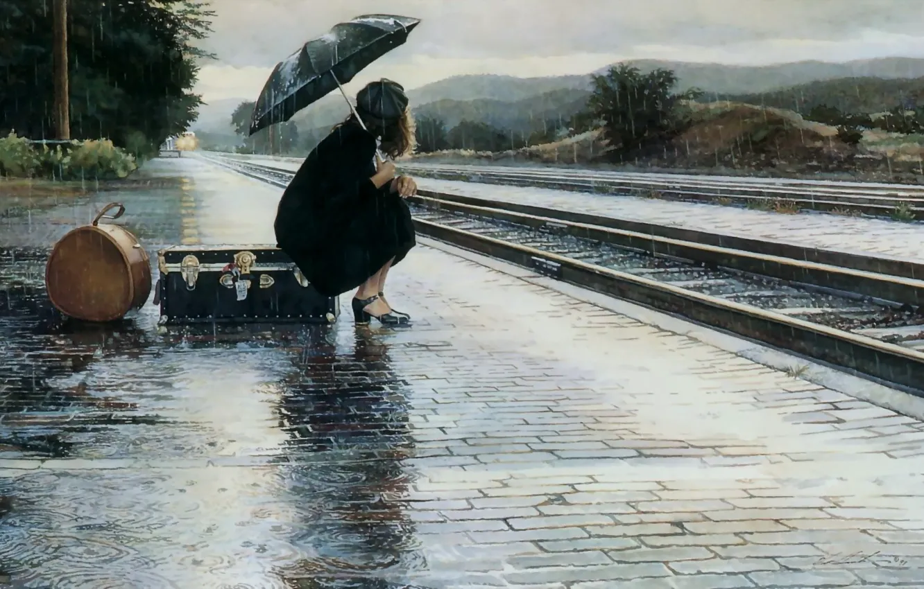 Фото обои грусть, девушка, дождь, перрон, чемодан, расставание