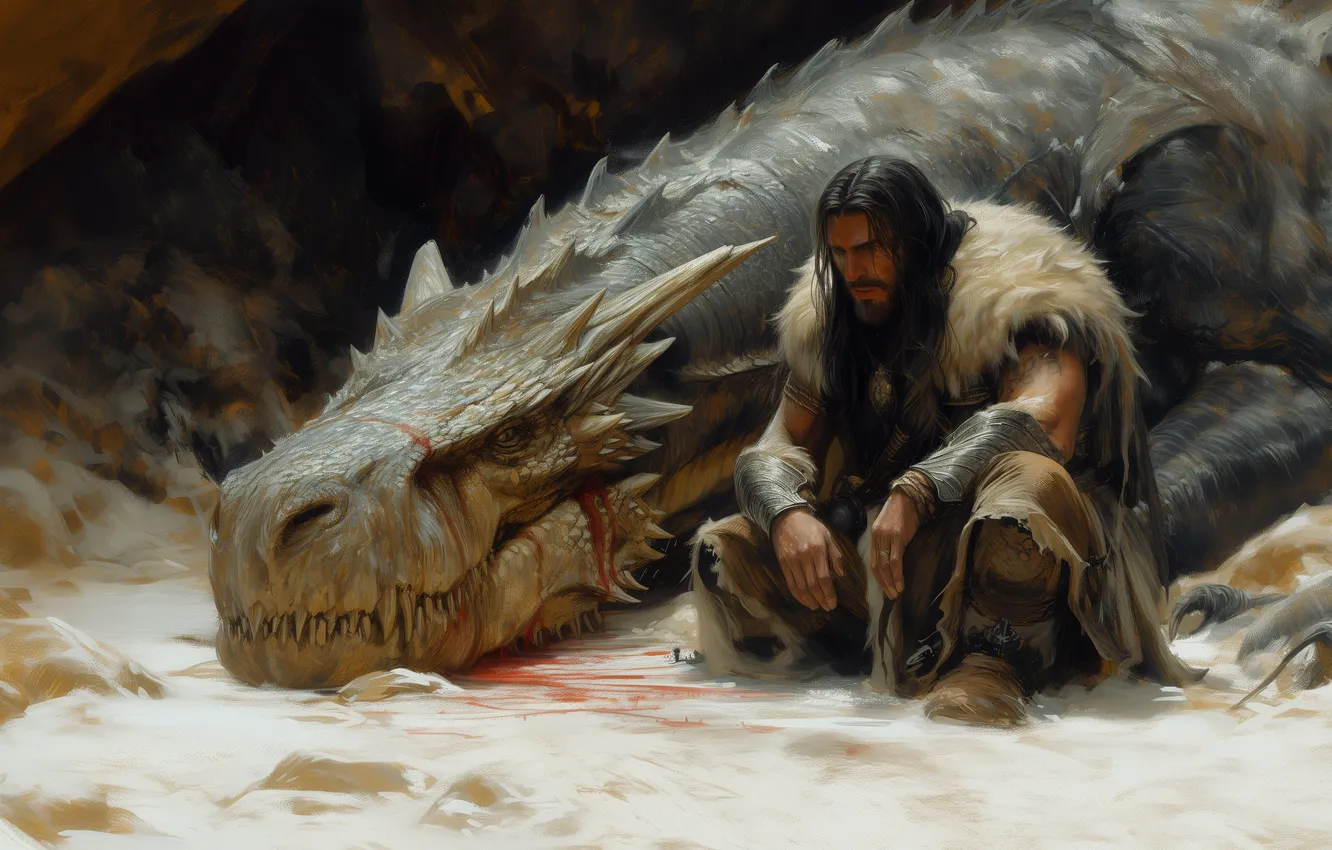 Фото обои blood, horns, men, dragon, creature, sitting, illustration, barbarian