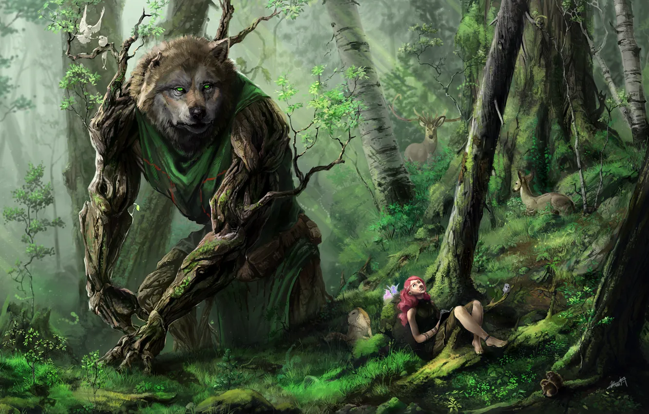 Фото обои лес, девушка, деревья, звери, волк, арт