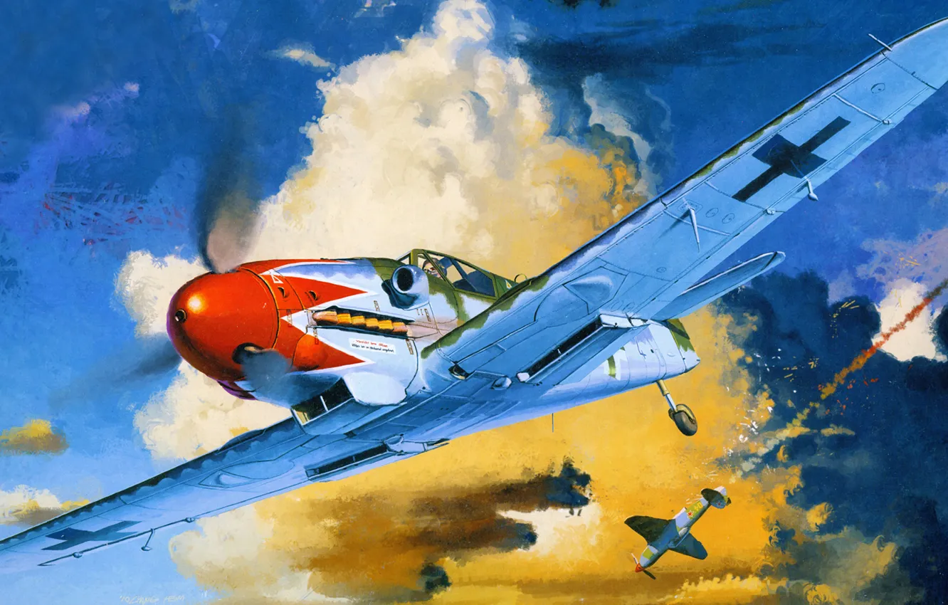 Фото обои рисунок, истребитель, бой, арт, самолёты, bf-109