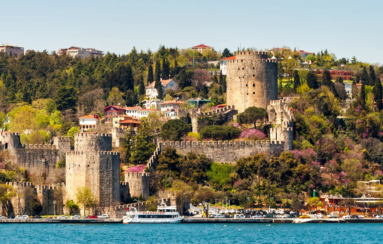 Фото обои море, побережье, дома, склон, крепость, Турция, Istanbul