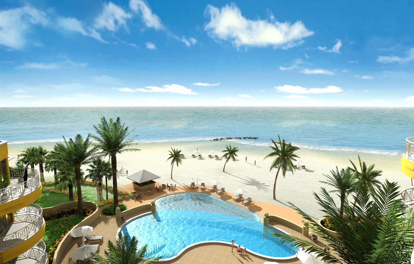 Фото обои пляж, океан, вид, бассейн, горизонт, отель
