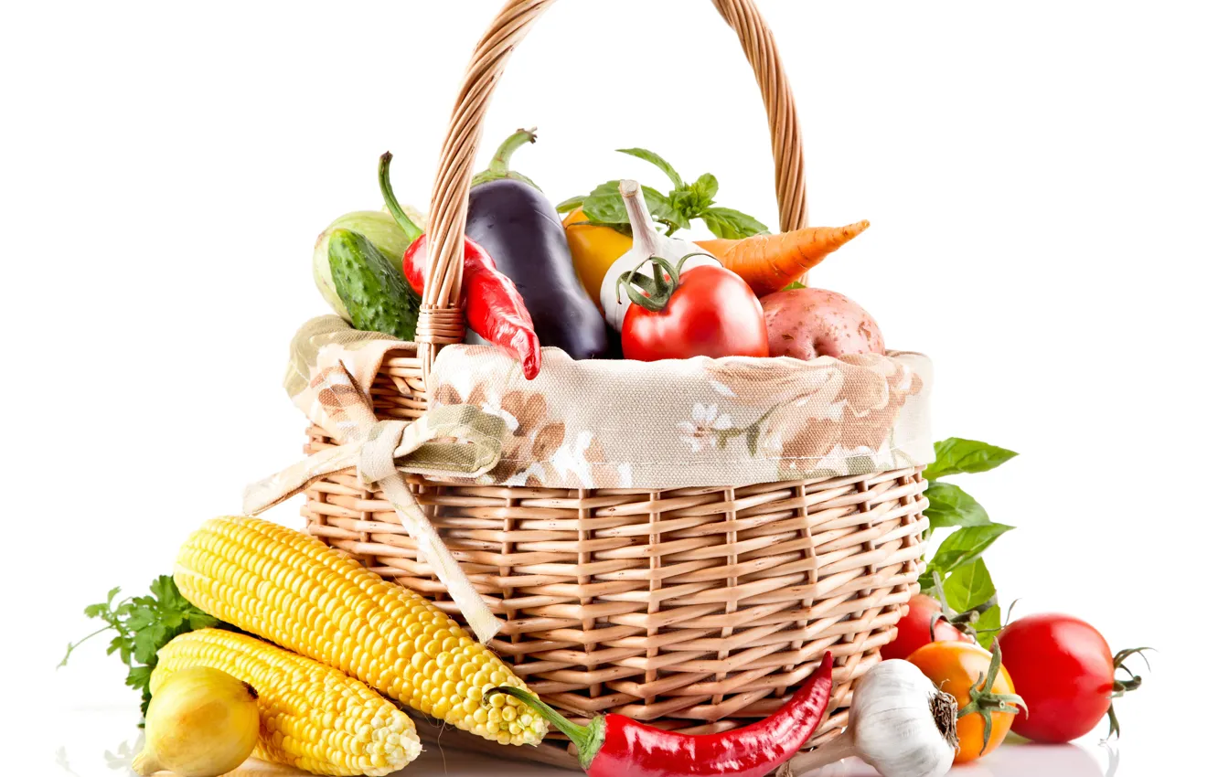 Фото обои корзина, кукуруза, перец, овощи, помидоры, морковь