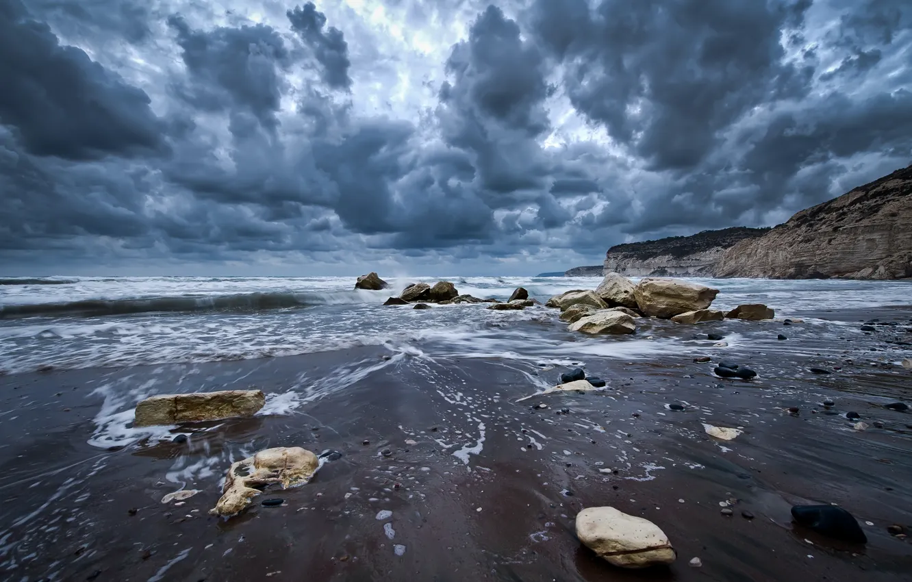 Фото обои волны, небо, вода, облака, пейзаж, природа, камни, океан