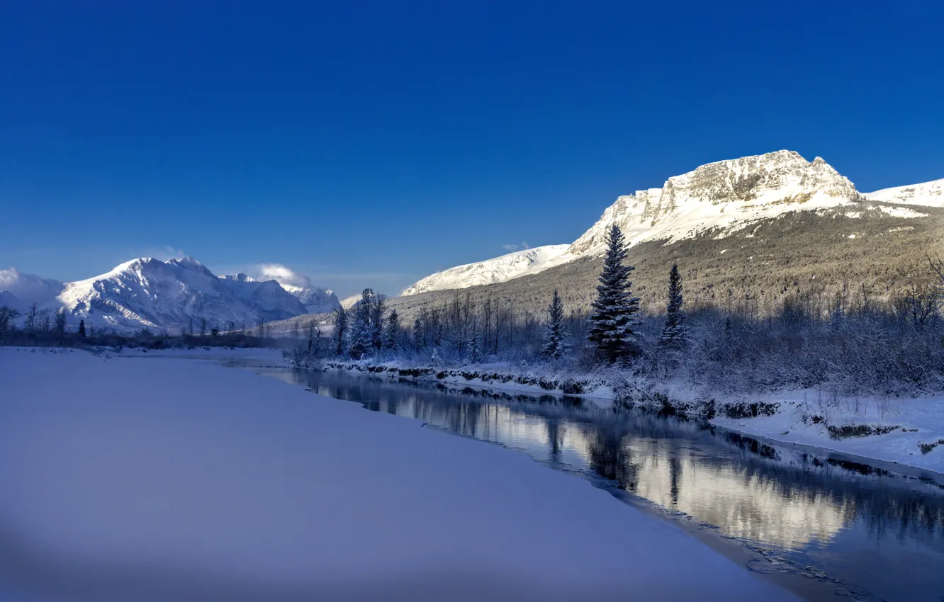 Фото обои зима, снег, горы, река, Монтана, Glacier National Park, Скалистые горы, Montana