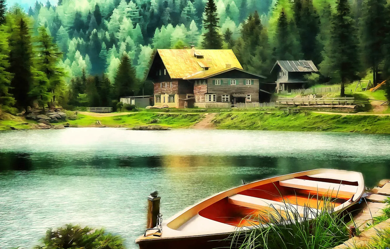 Фото обои Рисунок, Озеро, Лодка, Арт, Art, Lake, Boat