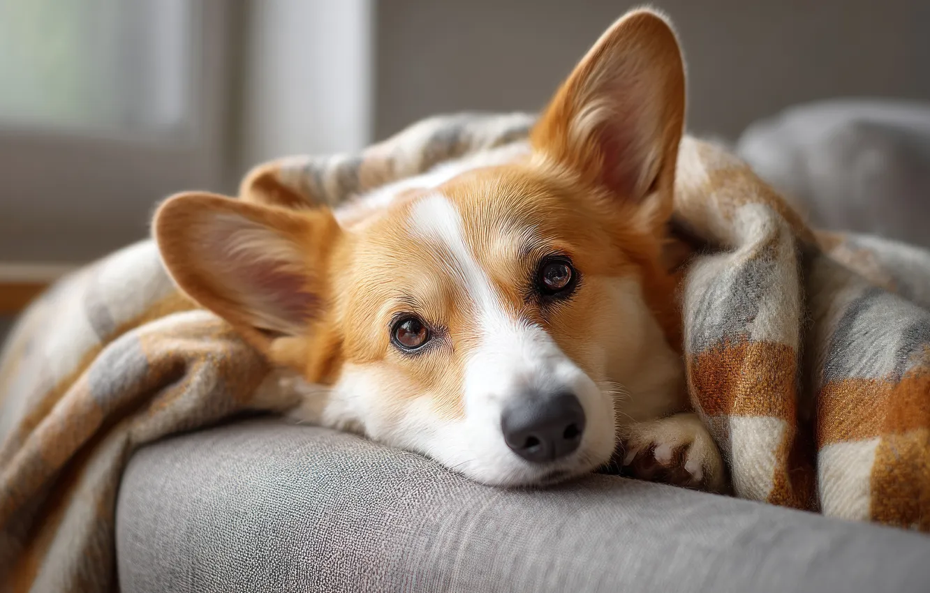 Фото обои взгляд, поза, уют, диван, собака, лежит, плед, мордашка