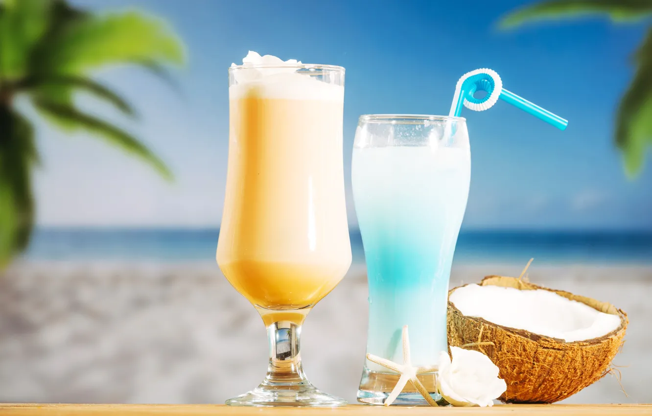 Фото обои море, пляж, лето, отдых, кокос, коктейль, summer, напитки