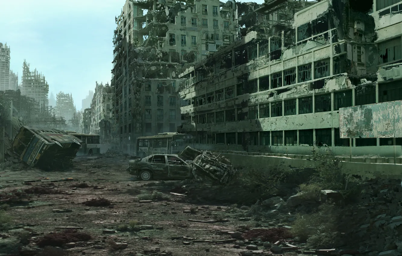Фото обои город, разруха, руины, постапокалипсис