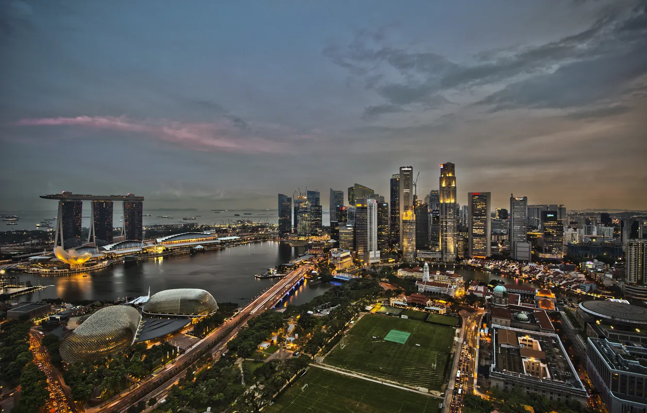 Фото обои дорога, мост, дома, вечер, панорама, отель, высотки, Singapore