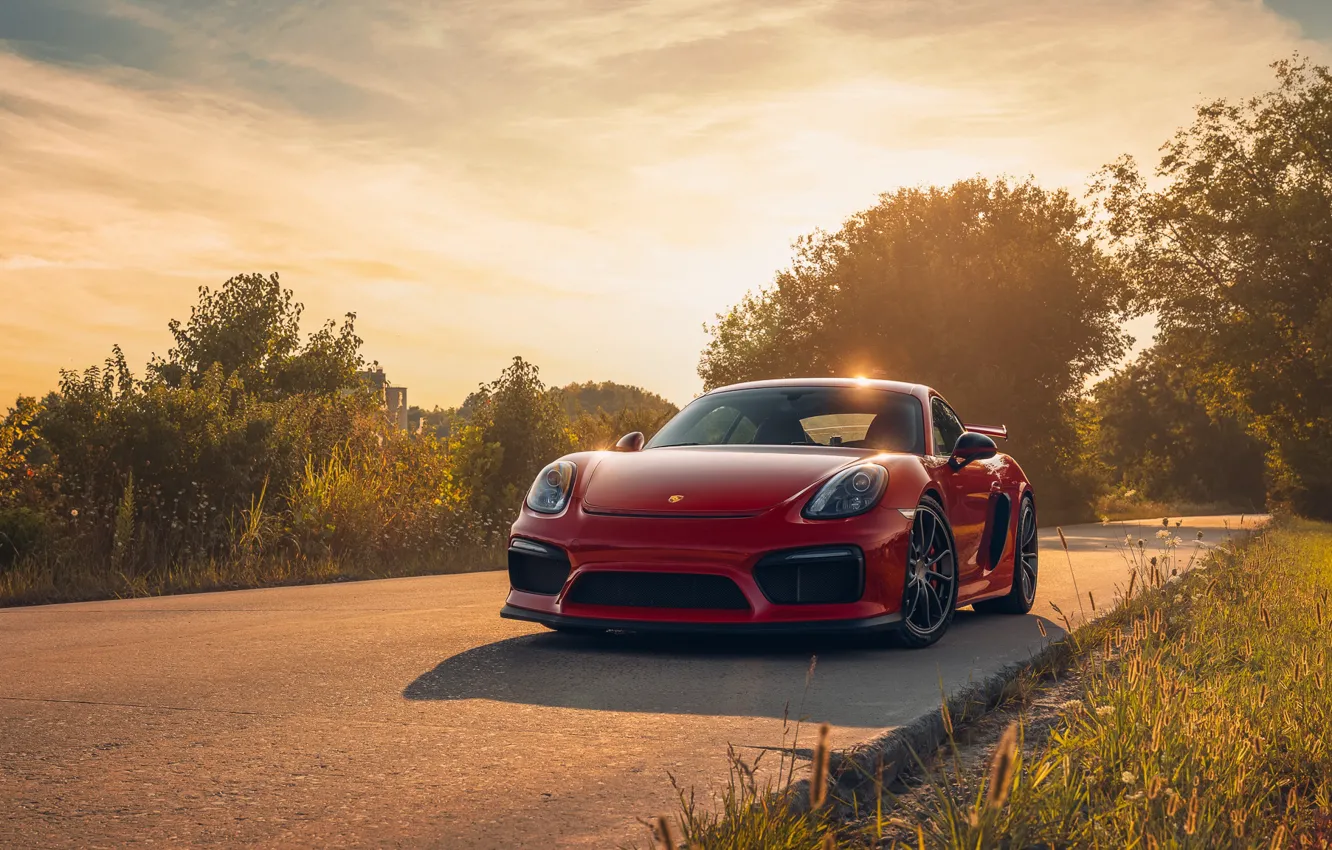 Фото обои car, Porsche, road, field, sunlight, GT4, headlights, Taillights