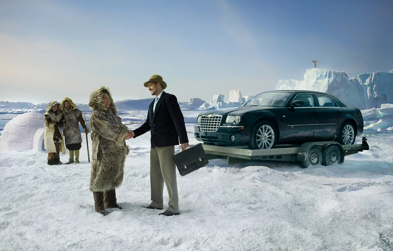 Фото обои снег, чукчи, автомобиль, chrysler, крайслер, удачная покупка