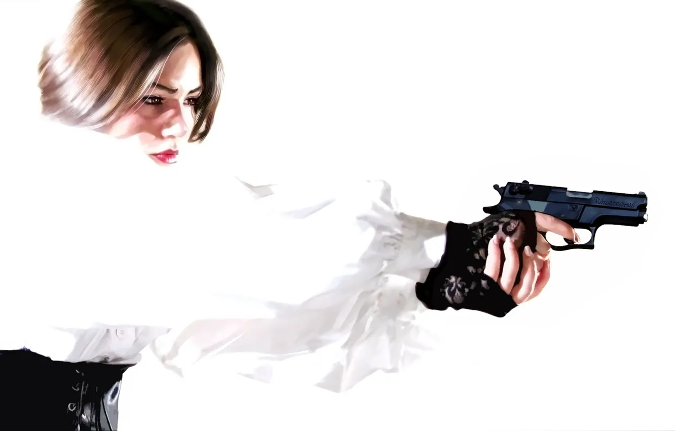 Фото обои девушка, пистолет, белая блуза