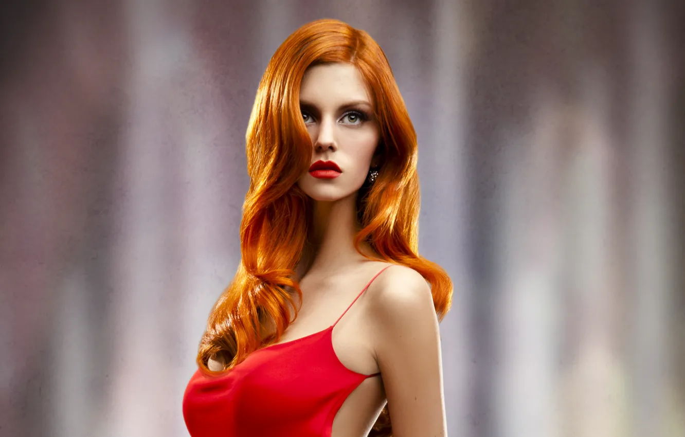 Фото обои девушка, портрет, макияж, рыжая, красное платье, длинные волосы
