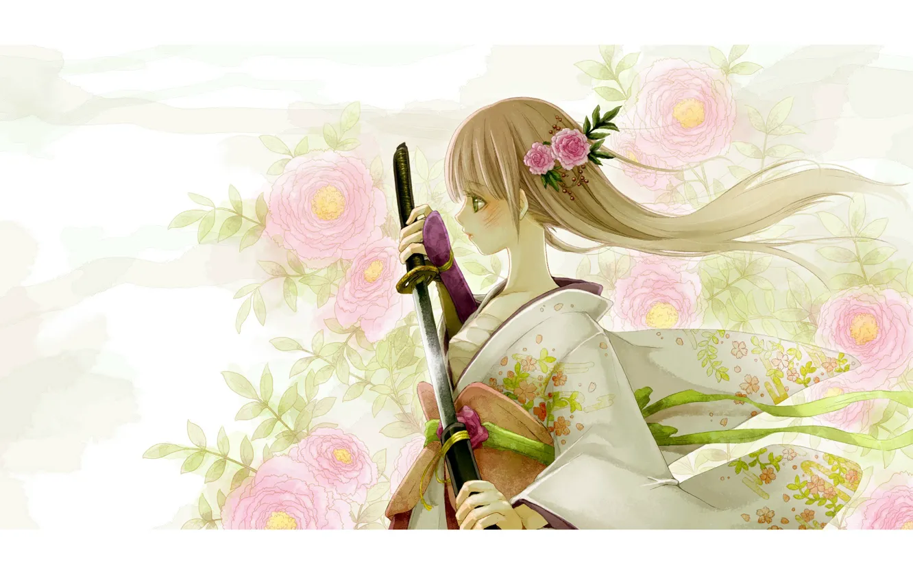 Фото обои девушка, цветы, катана, кимоно, белые волосы, ножны