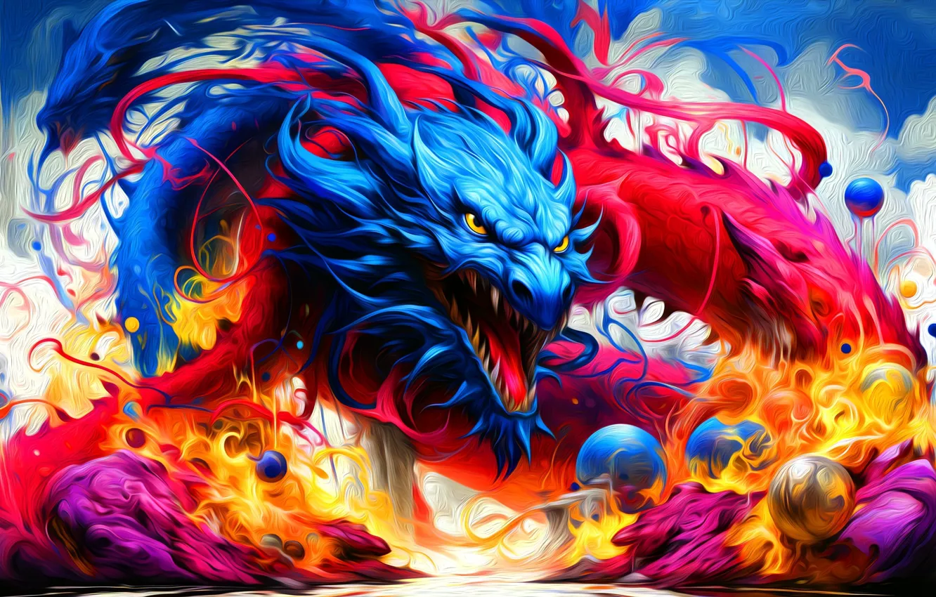 Фото обои яркие краски, шары, дракон, пасть, balls, dragon, злоба, mouth