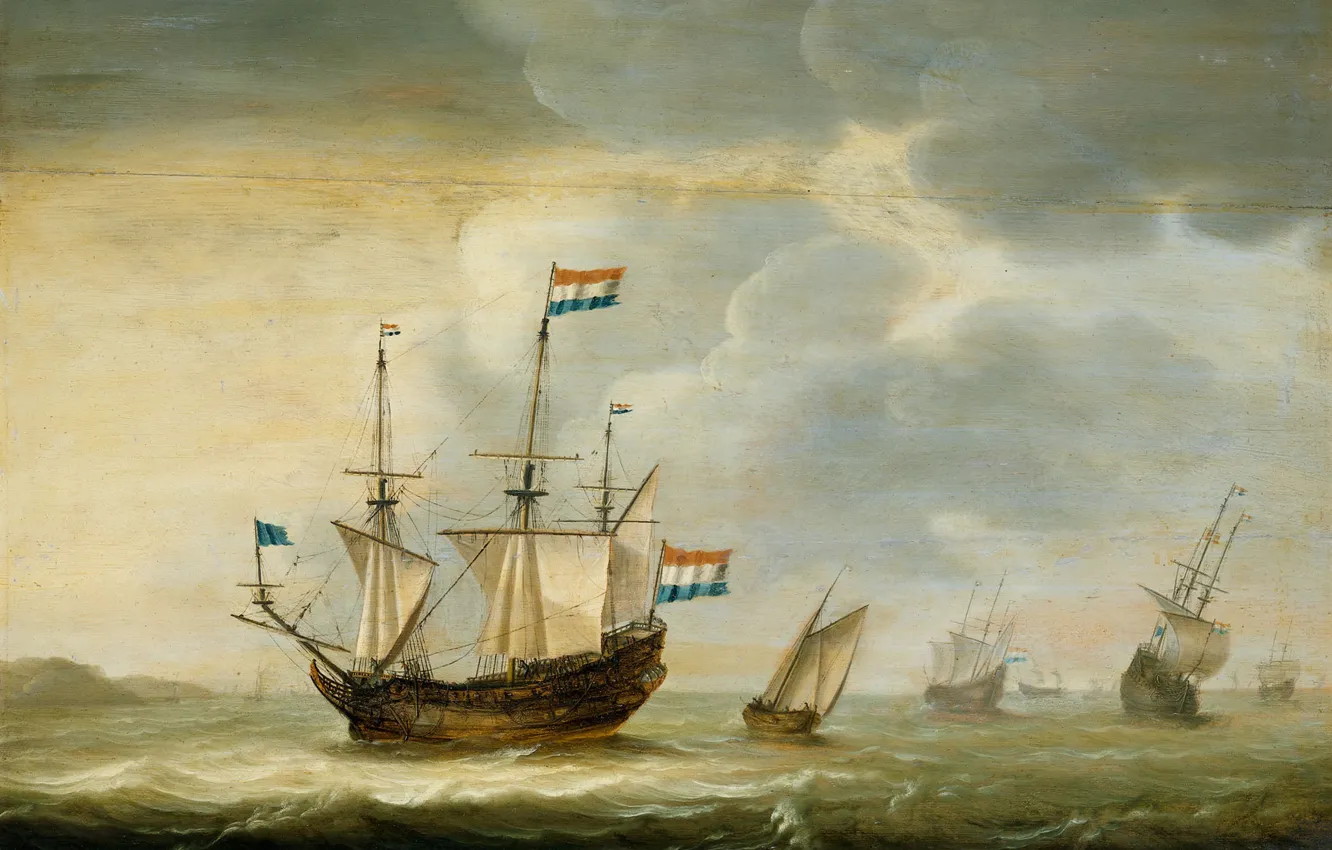 Фото обои масло, парусник, картина, парус, морской пейзаж, 1670, Якоб Герритс Лоеф, Jacob Gerritsz Loef