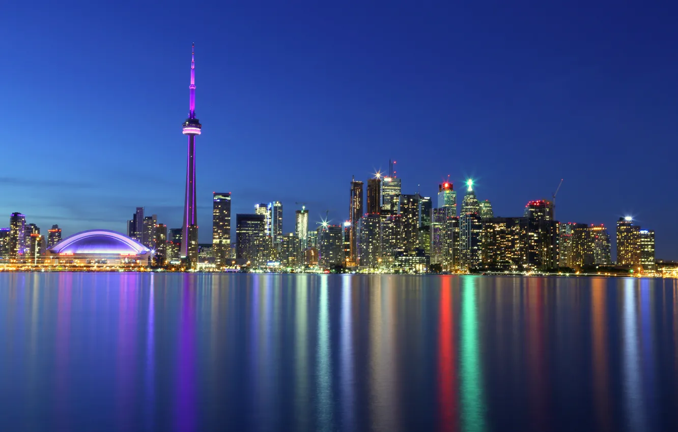 Фото обои озеро, отражение, Канада, Торонто, голубое небо, озеро Онтарио, CN Tower
