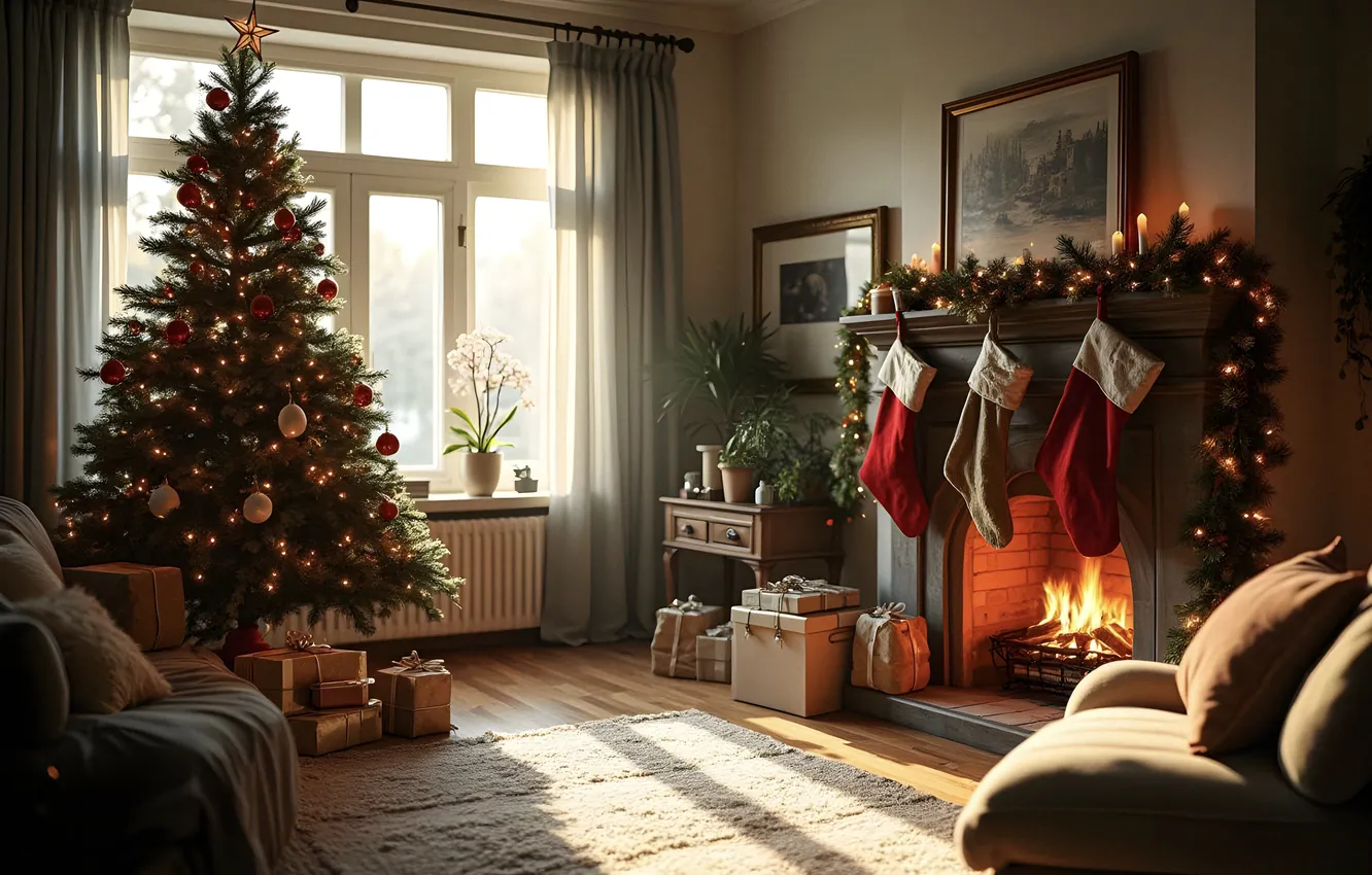 Фото обои комната, елка, интерьер, Рождество, Новый год, камин, Christmas, view