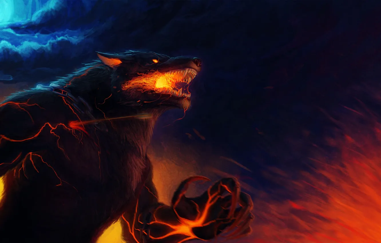 Фото обои пламя, волк, хищник, шерсть, ярость, пасть, когти, клыки