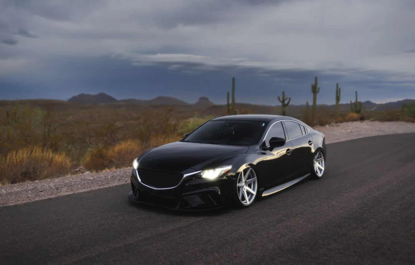 Фото обои Mazda, Clouds, Mazda 6, Black, Mountains, Road, Sedan, Stance