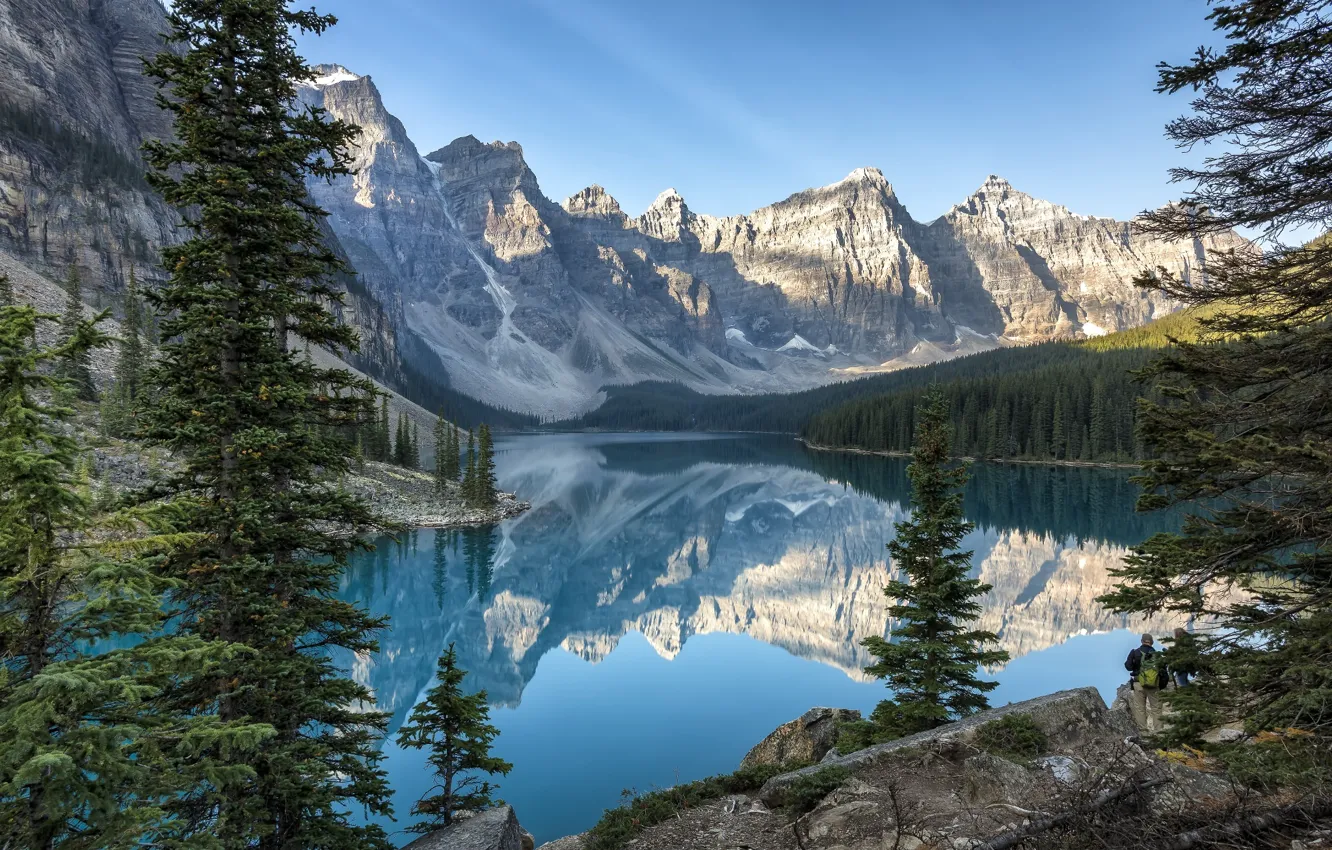Фото обои небо, деревья, горы, природа, озеро, отражение, камни, Banff National Park
