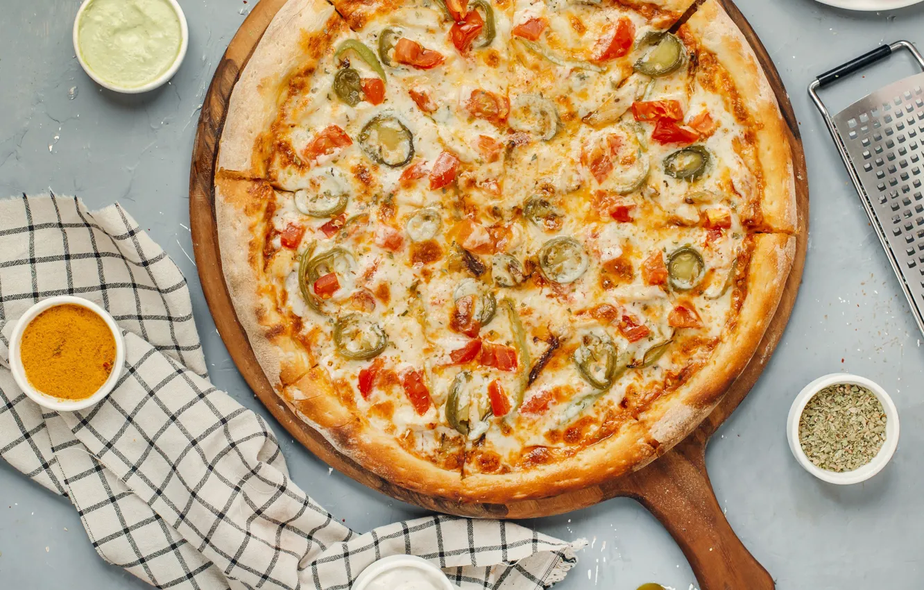 Фото обои сыр, пицца, соус, томаты, выпечка, pizza, специи, тесто