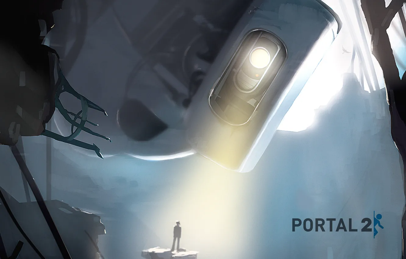 Фото обои свет, человек, робот, портал, portal, glados, portal 2, гладос