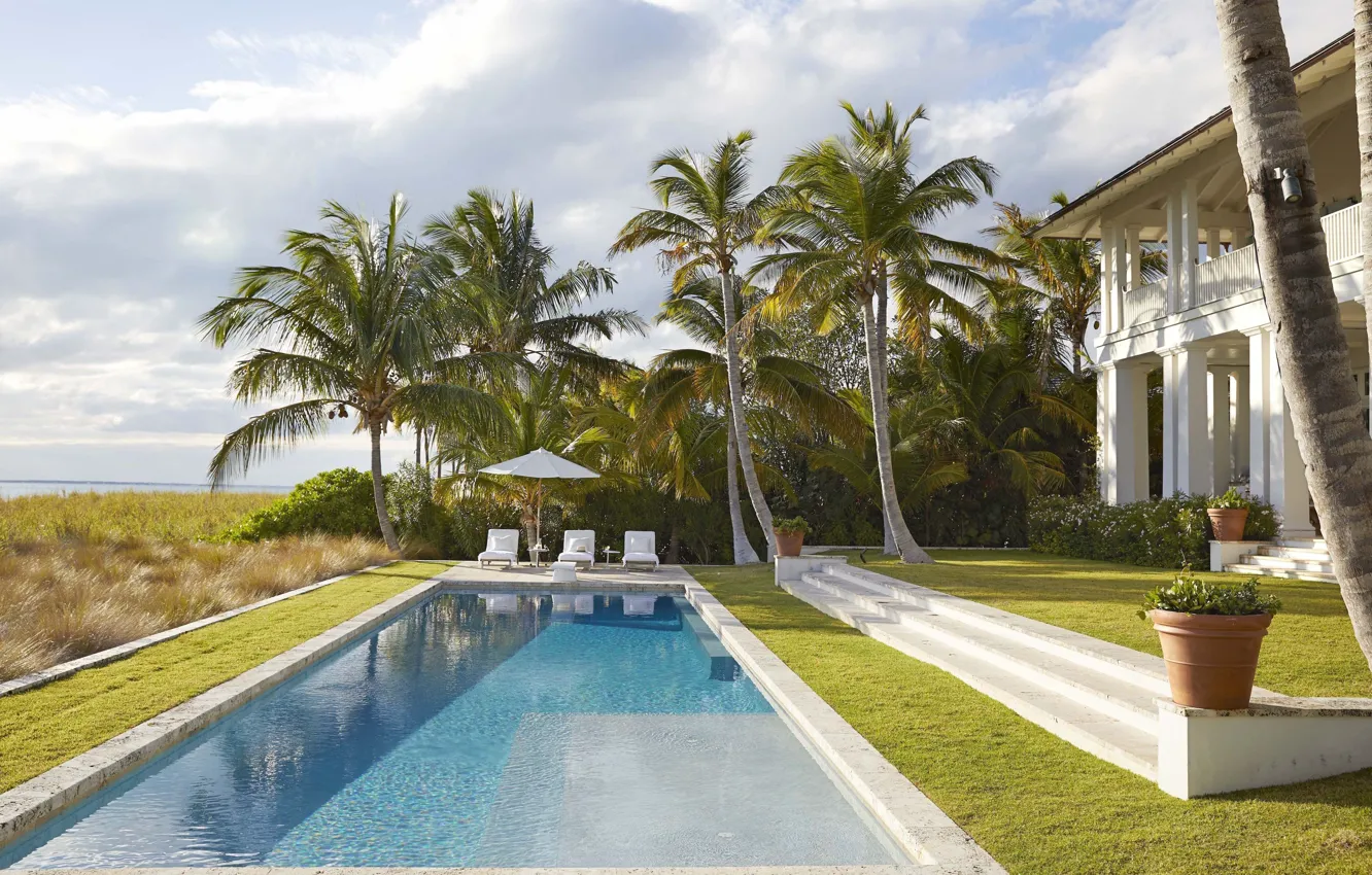 Фото обои пальмы, океан, вилла, бассейн, архитектура, villa, swimming pool, дизайнерская веранда Redd