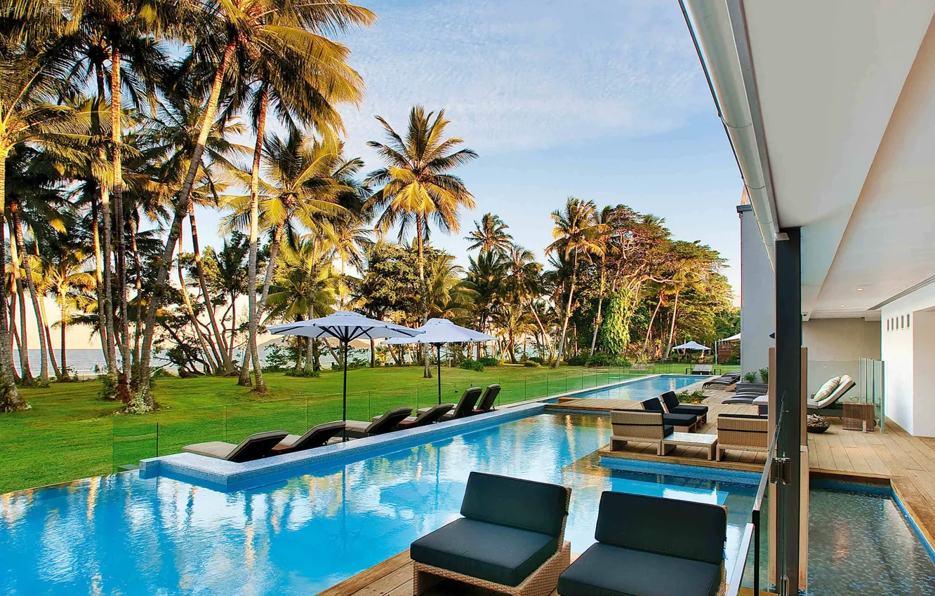 Фото обои тропики, пальмы, океан, вилла, бассейн, курорт