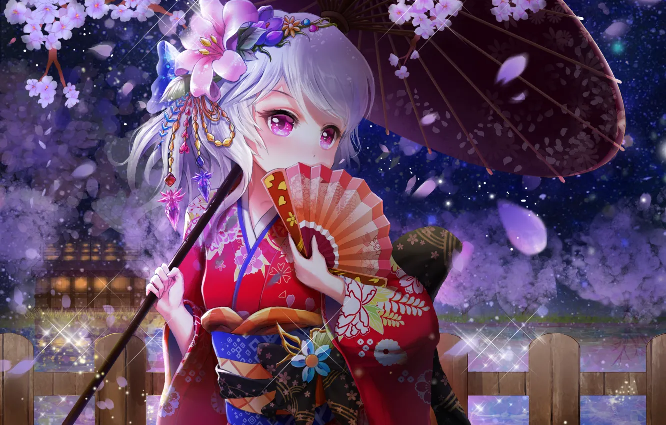 Фото обои зонт, аниме, сакура, веер, кимоно, цветение, Yukata