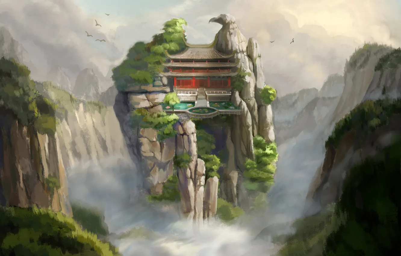 Фото обои пейзаж, горы, скалы, азия, вид, высота, арт, храм