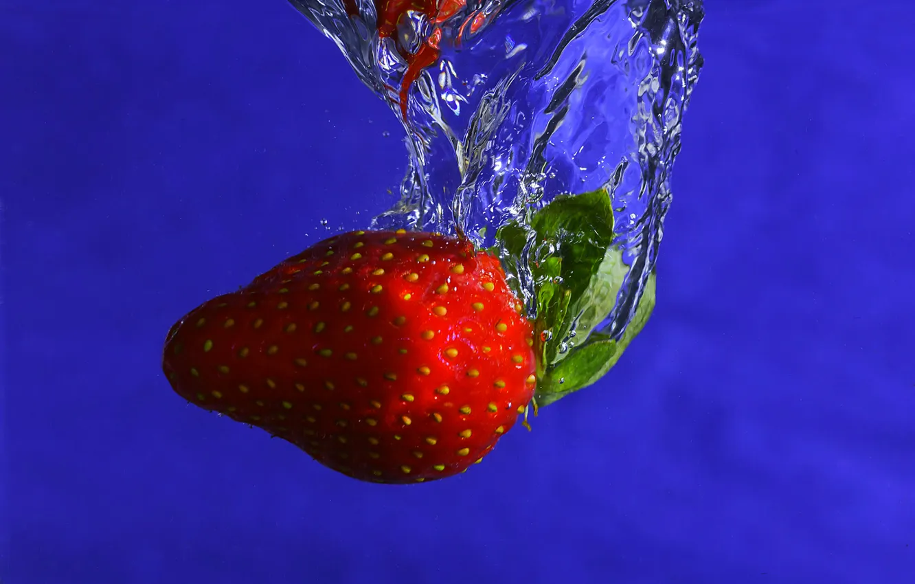 Фото обои вода, синий, пузырьки, фон, еда, клубника, ягода