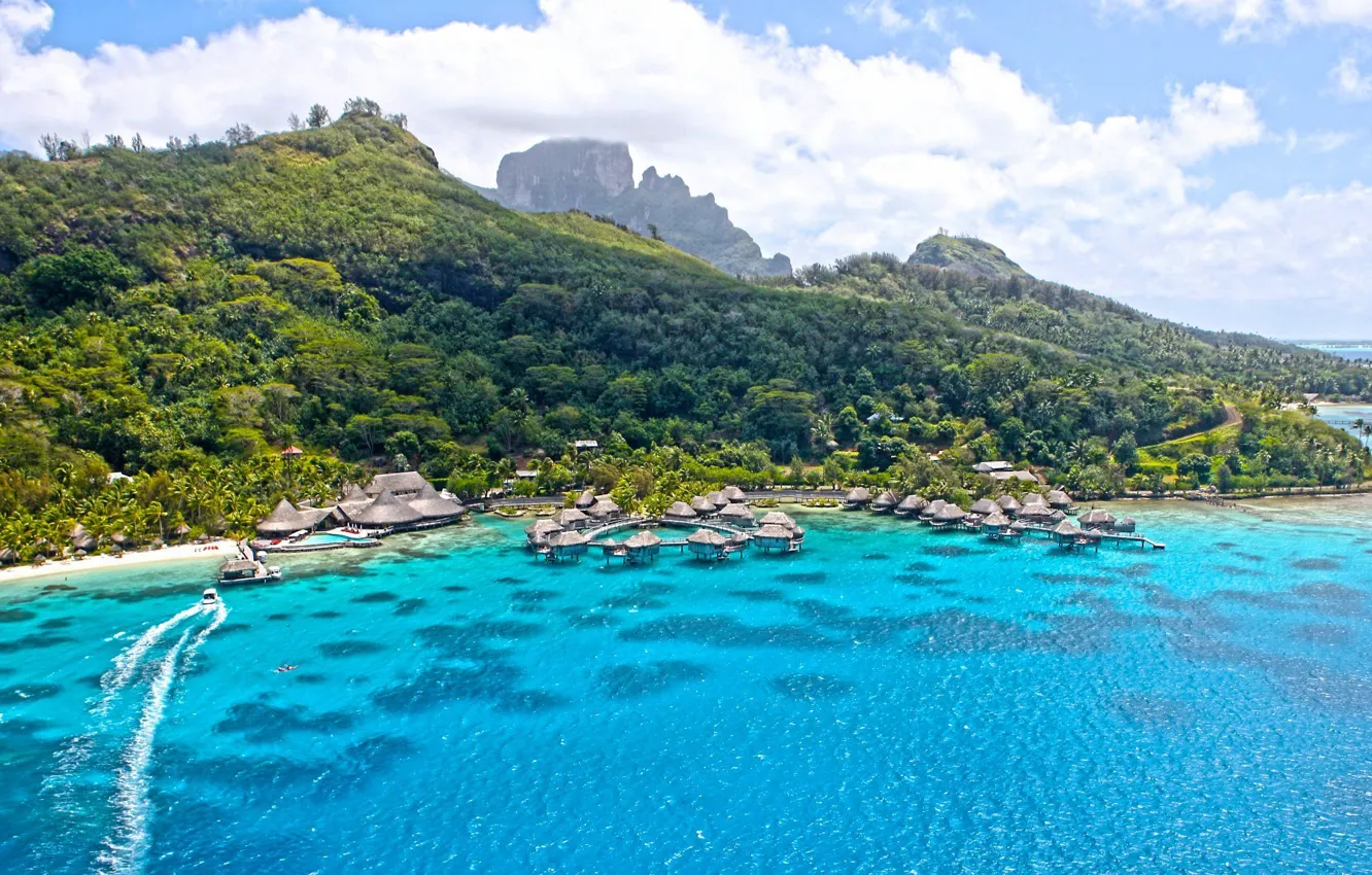 Фото обои океан, остров, Бора-Бора, курорт, view on paradise tropical isl bora-bora