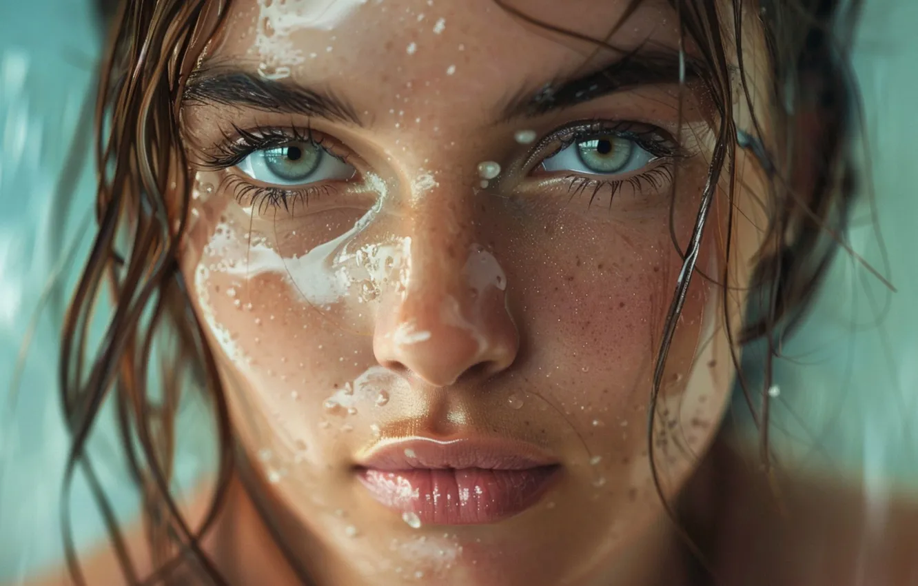 Фото обои взгляд, вода, девушка, капли, крупный план, лицо, поза, портрет