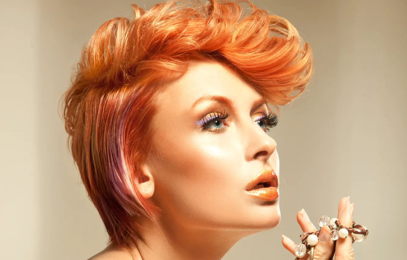 Фото обои девушка, портрет, макияж, прическа, рыжие волосы