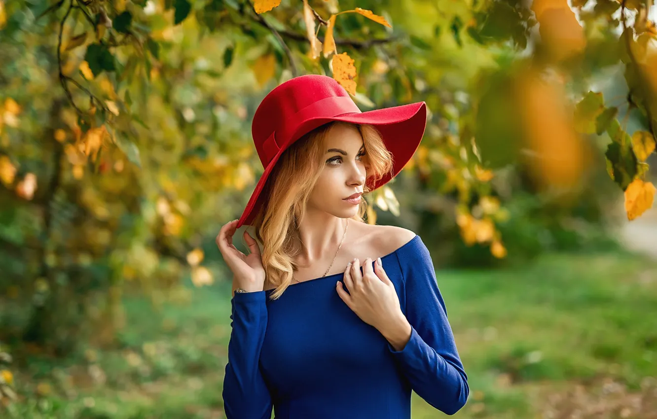 Фото обои осень, взгляд, Девушка, шляпа, Георгий Дьяков