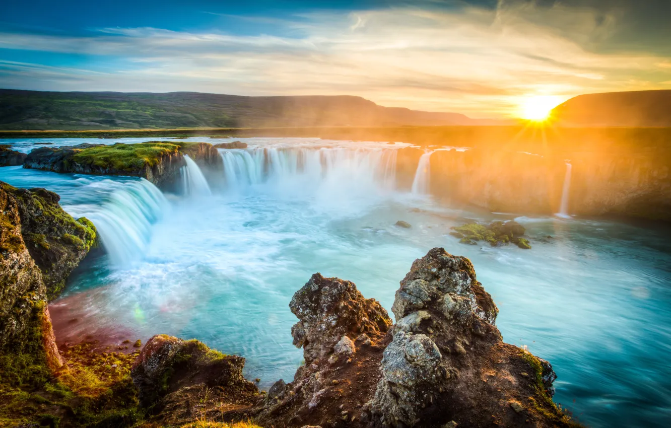 Фото обои солнце, рассвет, водопад, Исландия, Godafoss