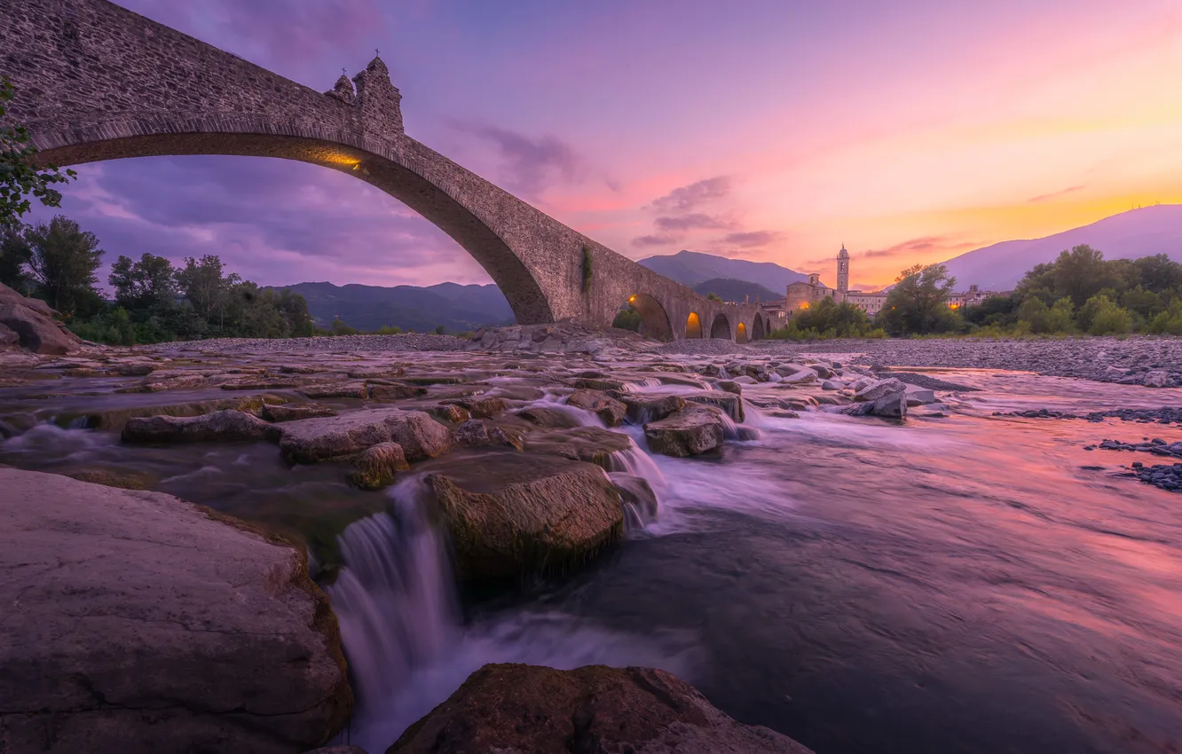 Фото обои ночь, мост, река