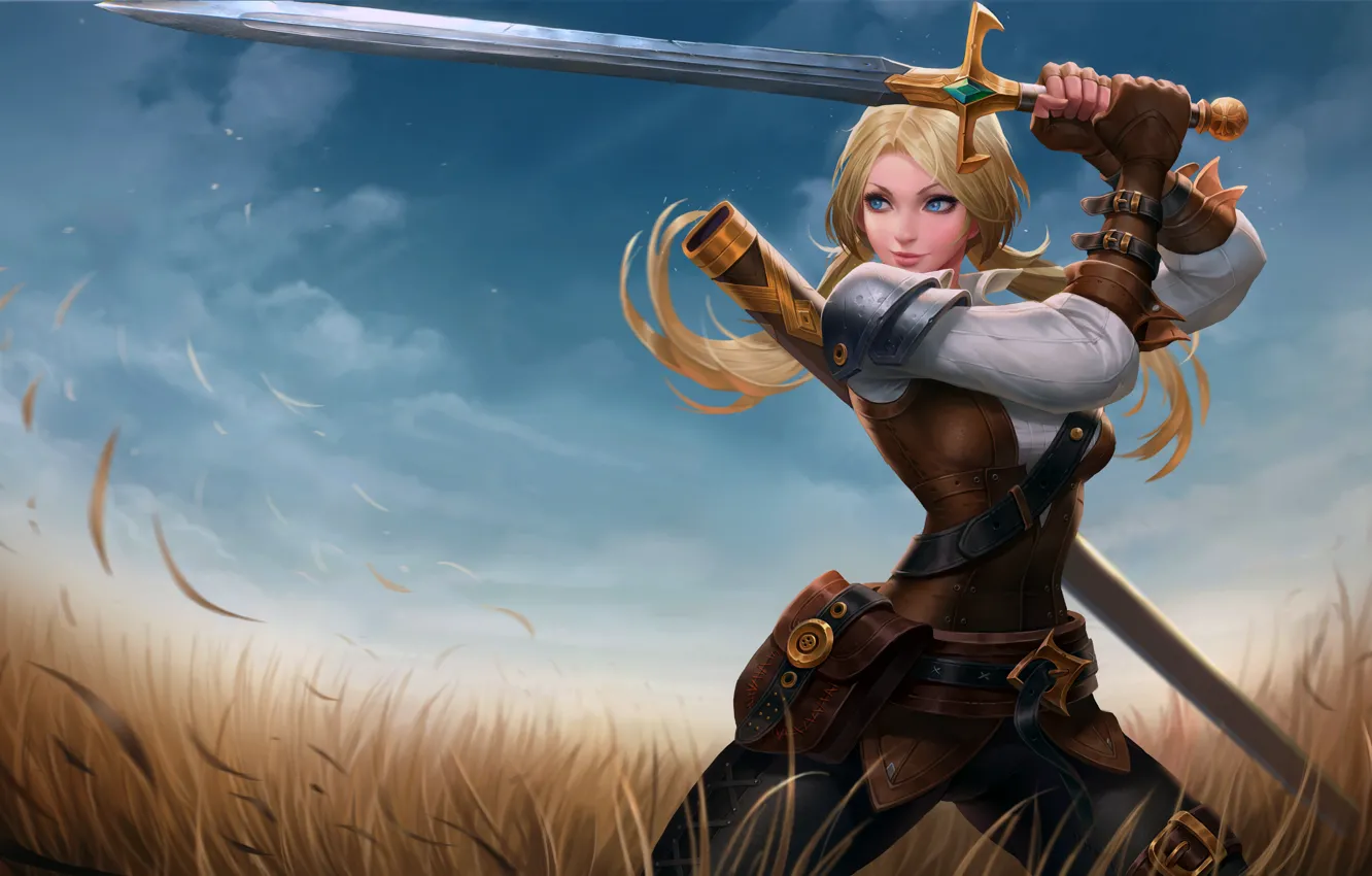 Фото обои girl, sword, fantasy, field, weapon, Warrior, blue eyes, blonde