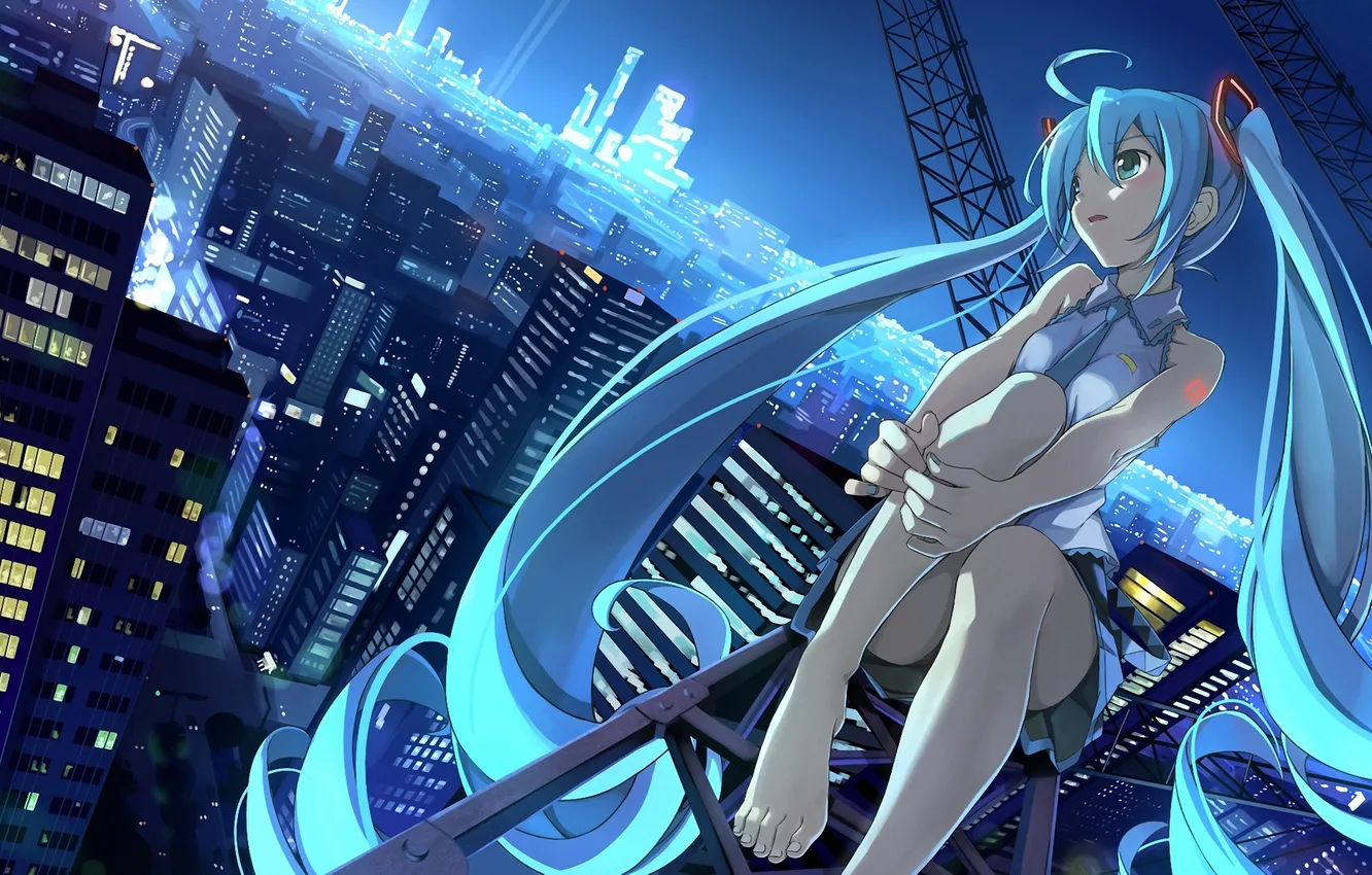 Фото обои ночь, город, огни, высота, vocaloid, hatsune miku, вокалоид, сидя