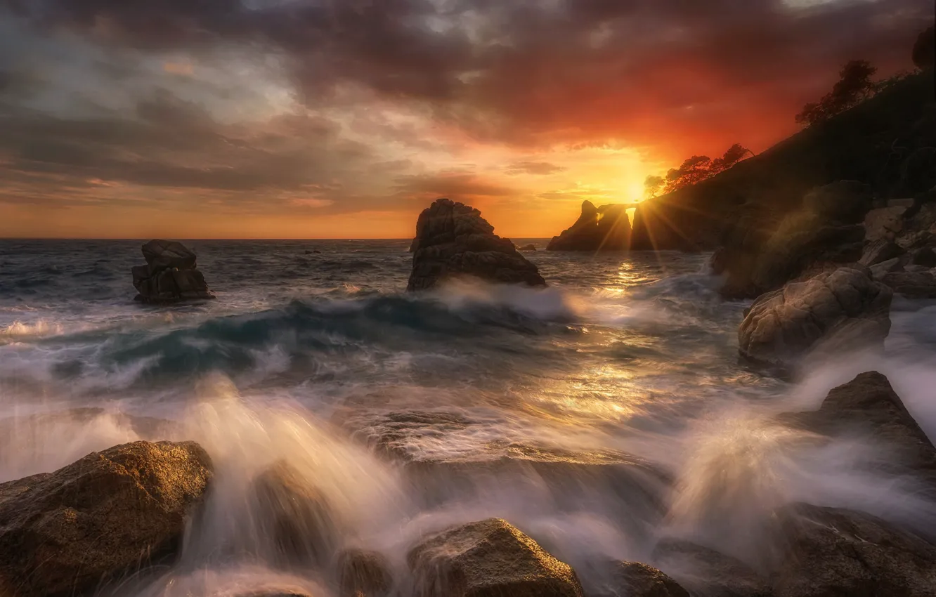 Фото обои море, закат, скалы, побережье, бухта, Испания, Spain, Каталония