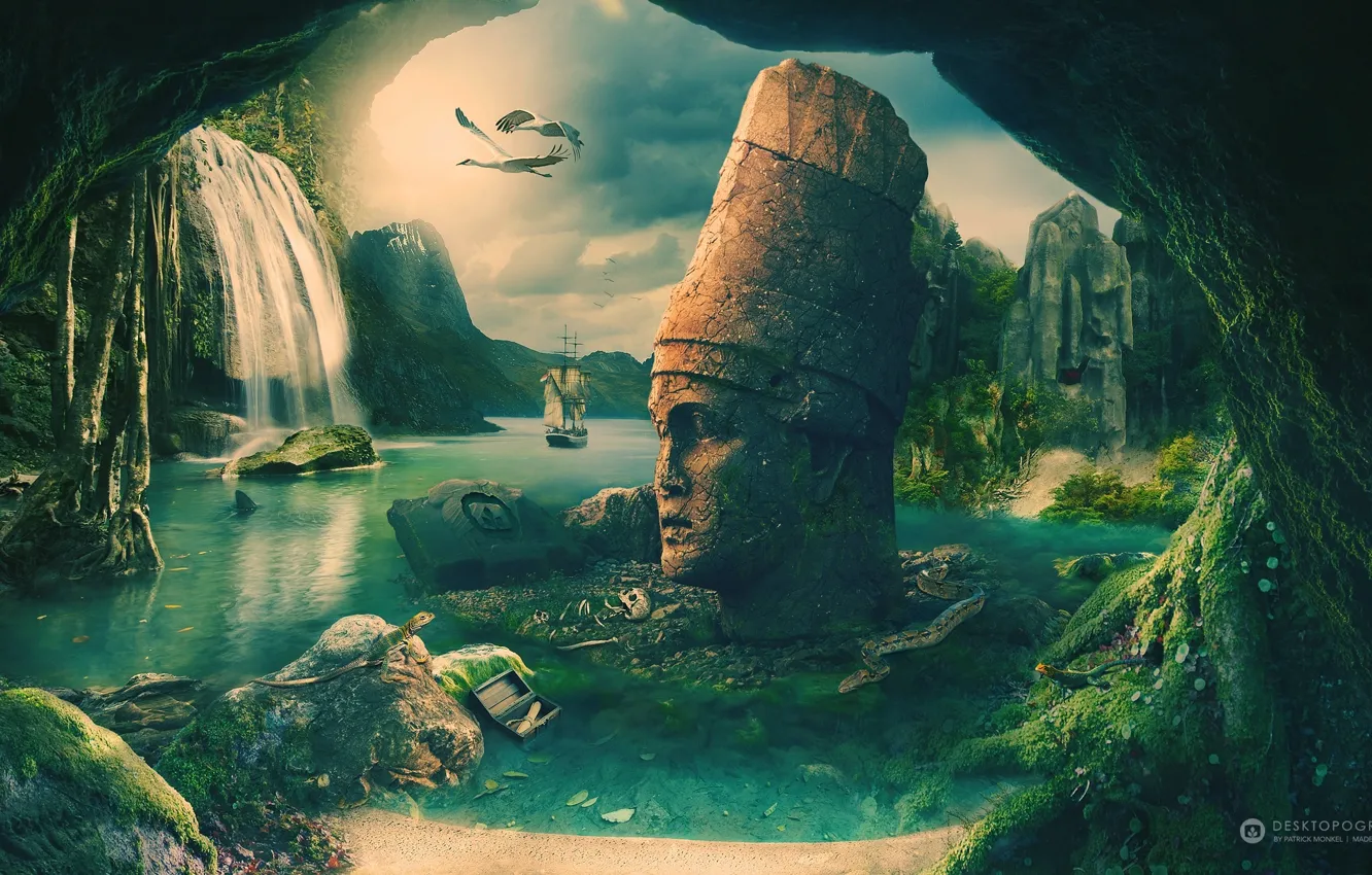 Фото обои море, скалы, берег, корабль, череп, змея, ящерица, эмблема