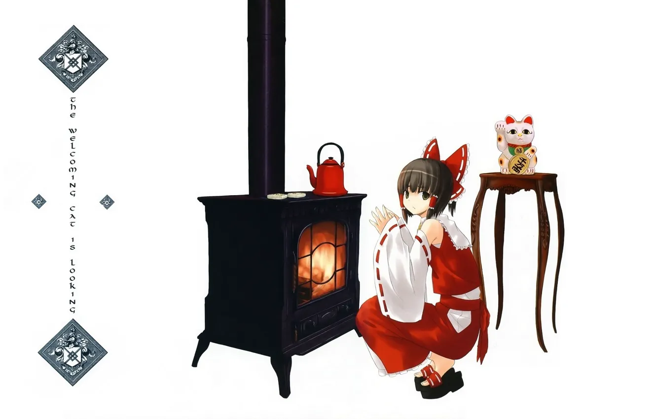 Фото обои огонь, чайник, талисман, белый фон, печка, сидит, touhou, art
