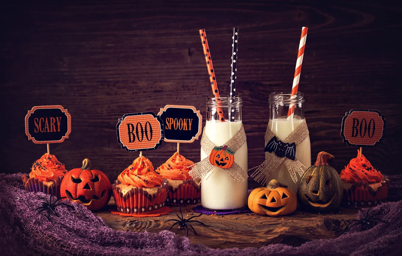 Фото обои молоко, Halloween, тыква, Хеллоуин, holidays, выпечка, сладкое, cupcake