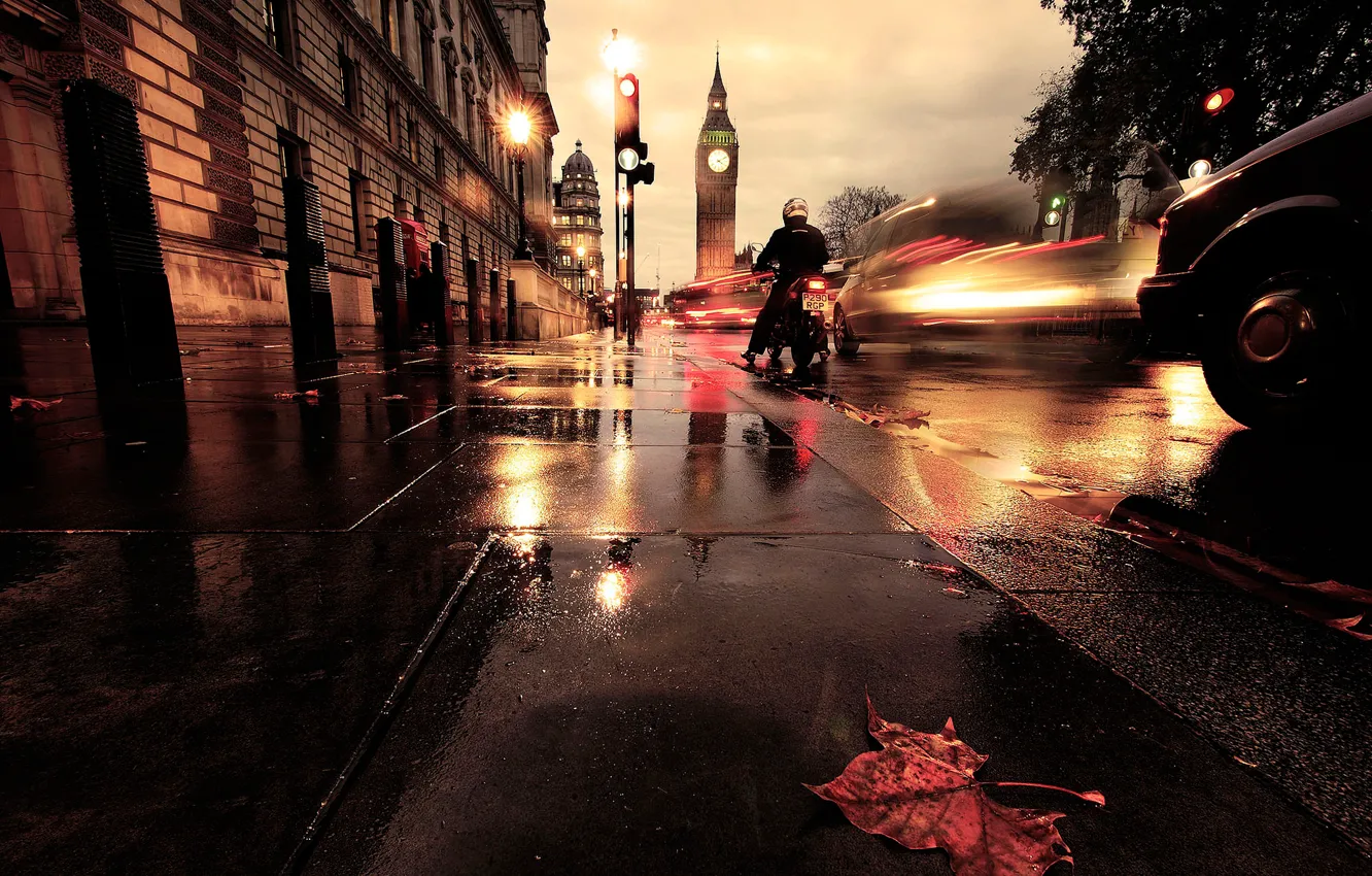 Фото обои авто, лист, улица, Лондон, выдержка, мотоцикл, биг-бен