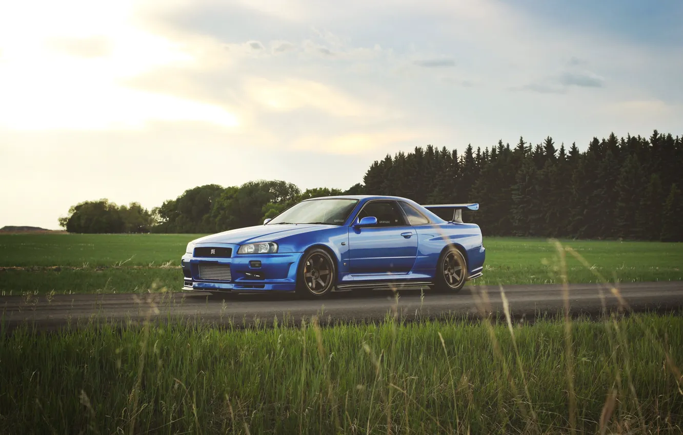 Фото обои GT-R, Blue, Black, Skyline, R34, Wheels