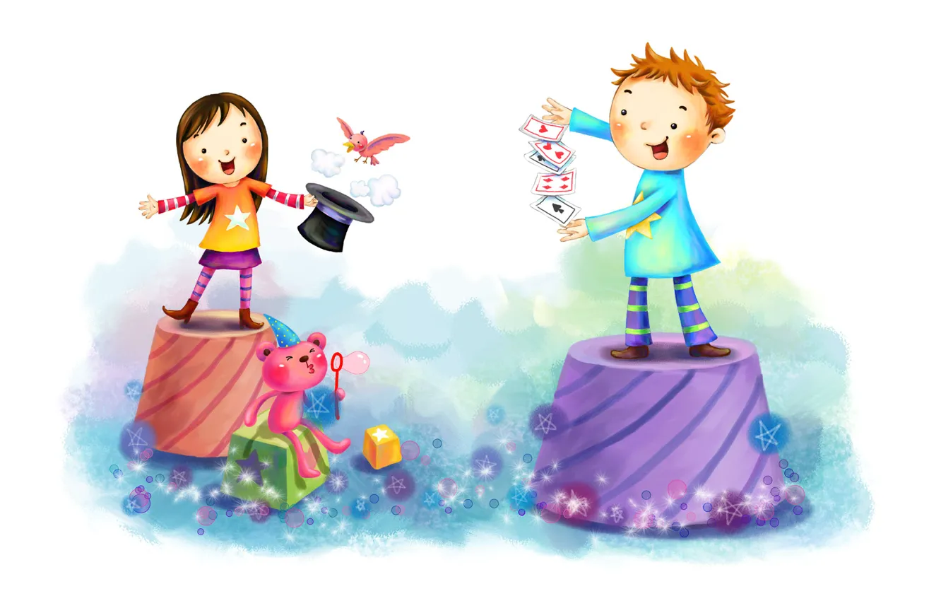 Фото обои карты, дети, птица, кубики, рисунок, мальчик, мыльные пузыри, девочка
