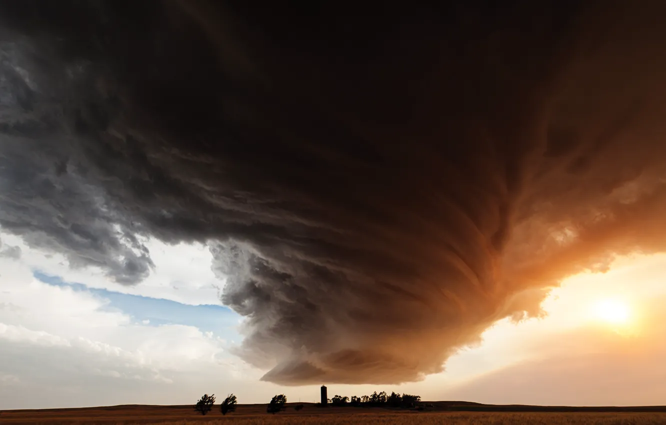 Фото обои sky, trees, field, landscape, nature, Storm, tornado, clouds