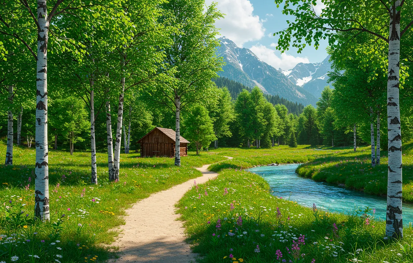 Фото обои деревья, горы, ручей, обои, арт, wallpaper, домик, house